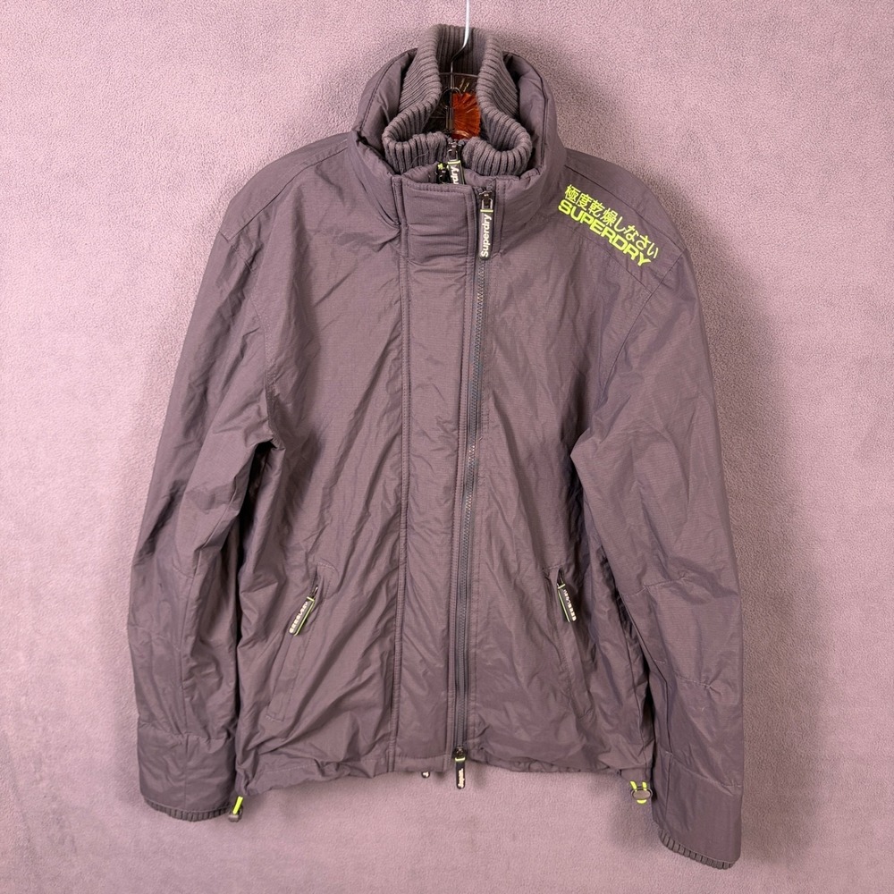 Men's Superdry Jacket M The Windcheater Gray Full Zip Green Lettering